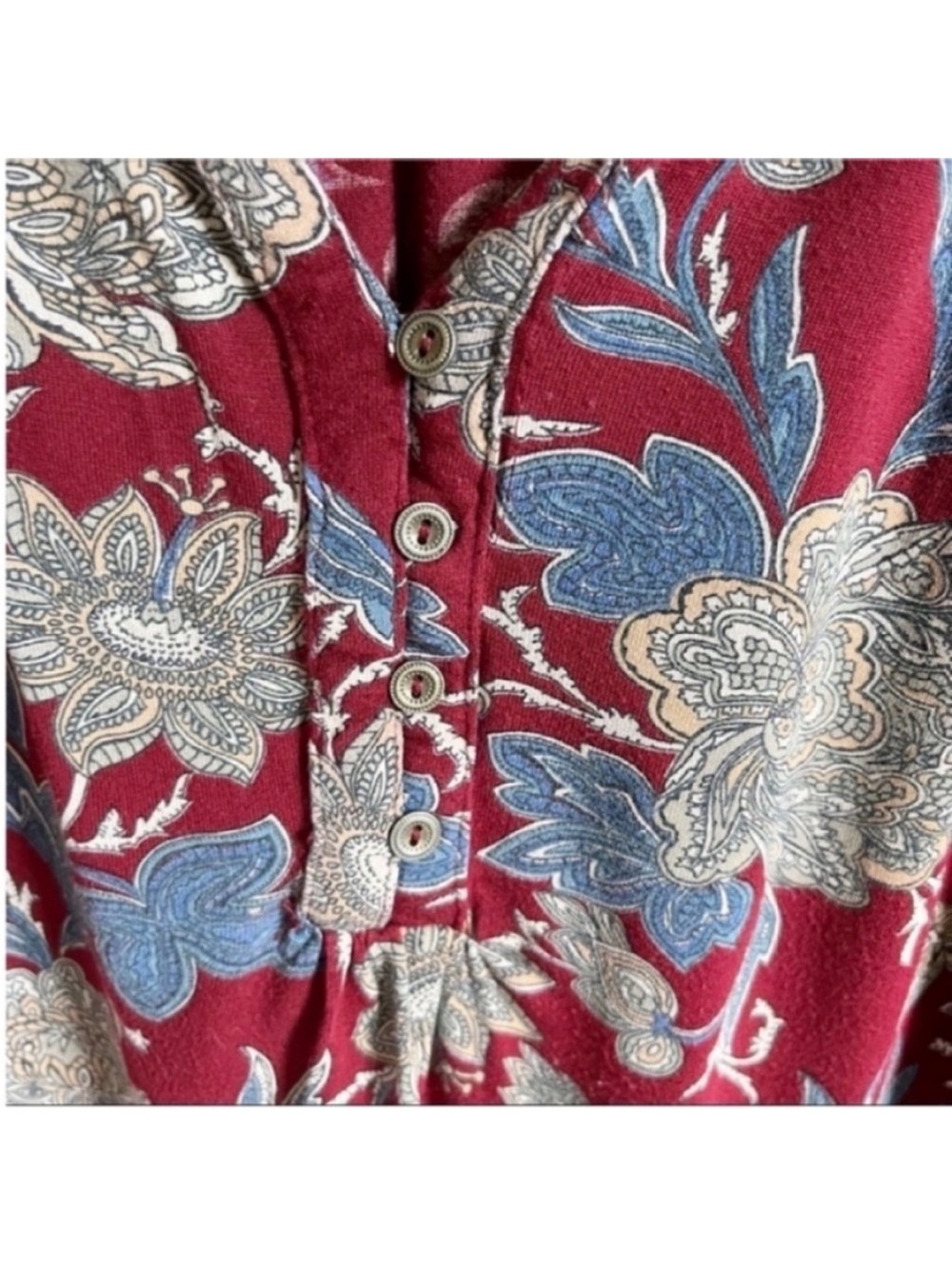 Lucky Brand henley shirt burgundy red floral blue paisley boho split neck - Picture 4 of 9